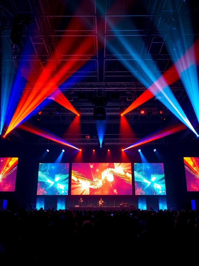 Corporate event stage with dramatic lighting